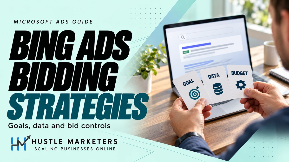 Bing Ads bidding strategies cover with a realistic marketer holding goal, data and budget cards beside an illustrative laptop.