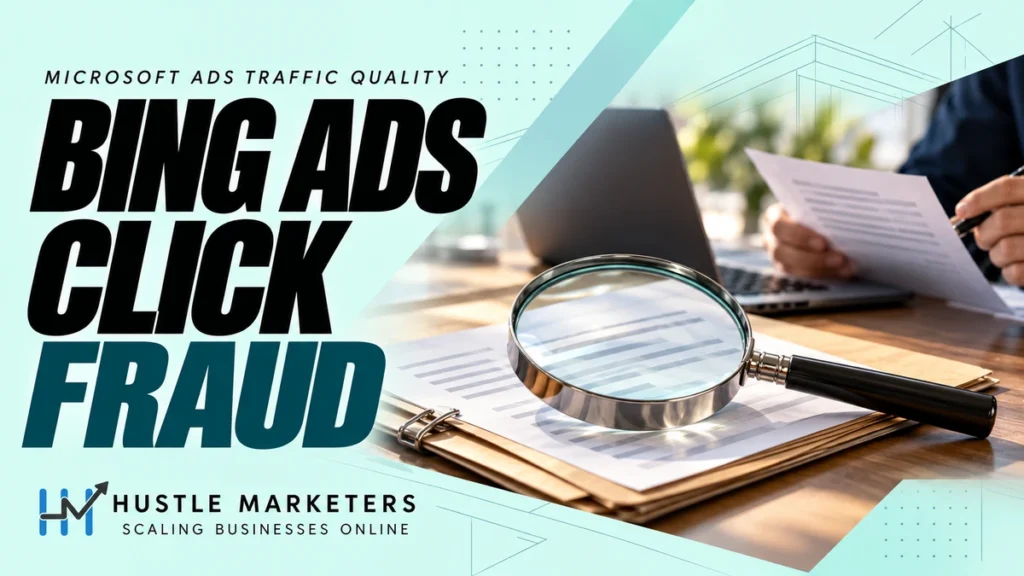 Bing Ads Click Fraud cover with an illustrative magnifying glass, investigation folder and analyst reviewing documents in the Hustle Marketers mint template.