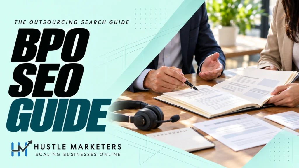 BPO SEO guide with professionals reviewing an anonymous capability folder and service-planning documents