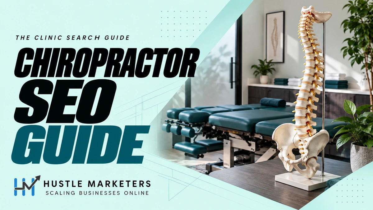 Chiropractor SEO guide with a spine model and examination table in an illustrative clinic