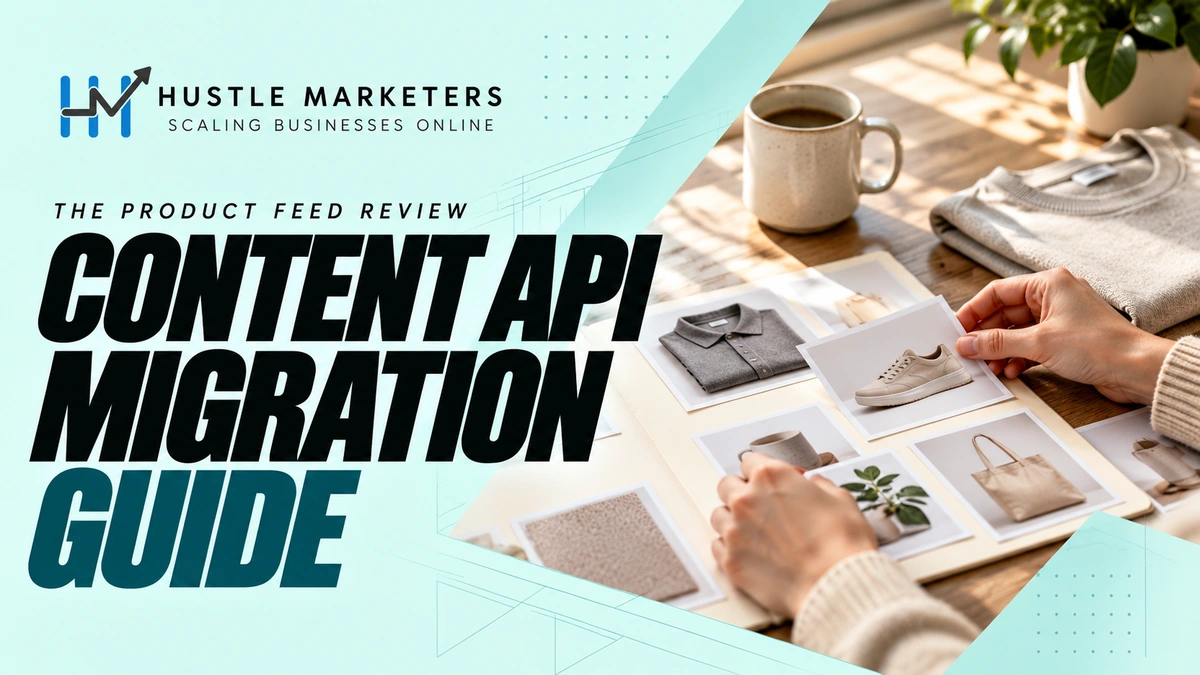 Hustle Marketers Content API migration guide with an anonymous product catalog and feed review scene.