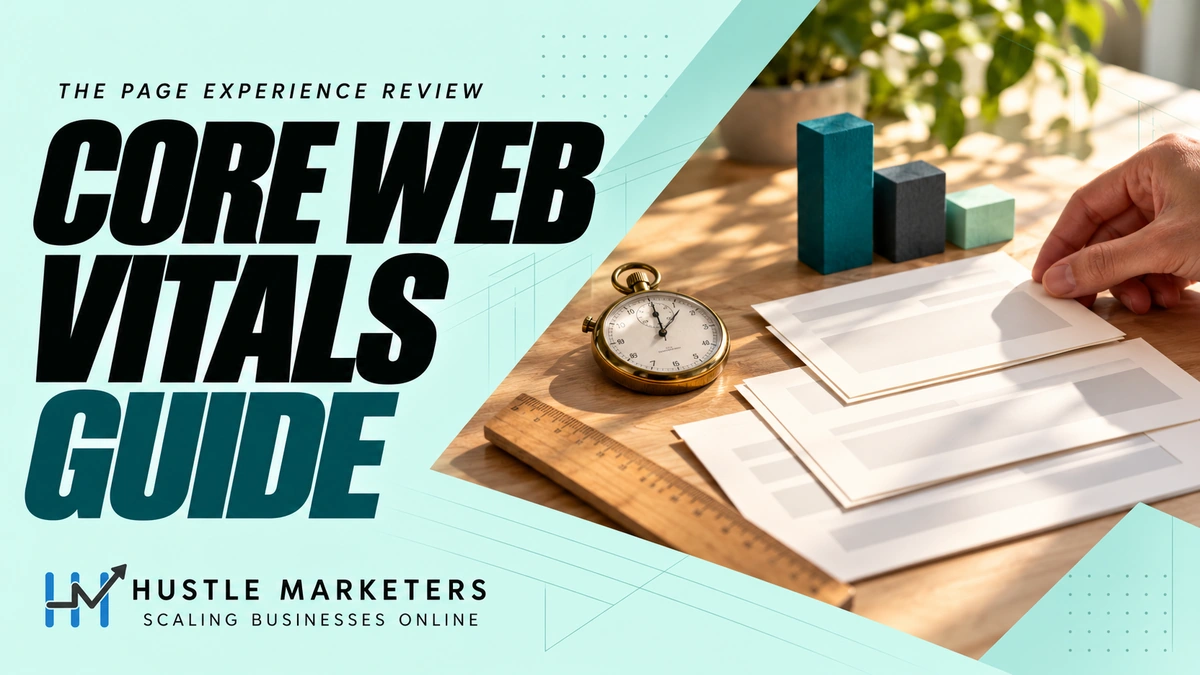 Hustle Marketers Core Web Vitals guide with a physical page-experience review scene.