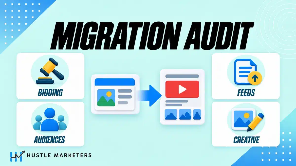 Demand Gen migration audit illustration highlighting bidding, audiences, feeds and creative checks.