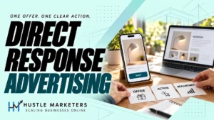 Direct response advertising cover with an illustrative desk-lamp offer on a phone and laptop beside offer, action and measurement planning cards.