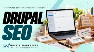Drupal SEO cover with an illustrative content editor laptop, paper content folders and URL paths, taxonomy and metadata cards.