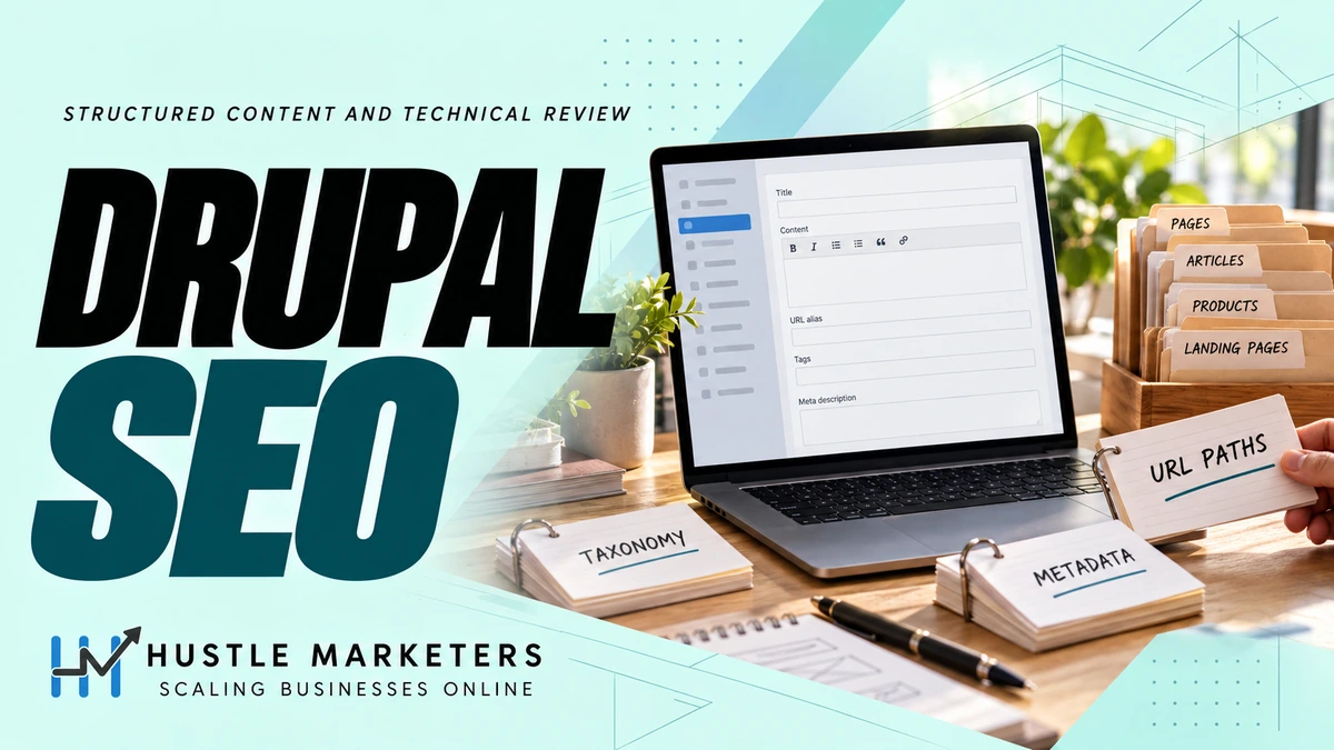 Drupal SEO cover with an illustrative content editor laptop, paper content folders and URL paths, taxonomy and metadata cards.
