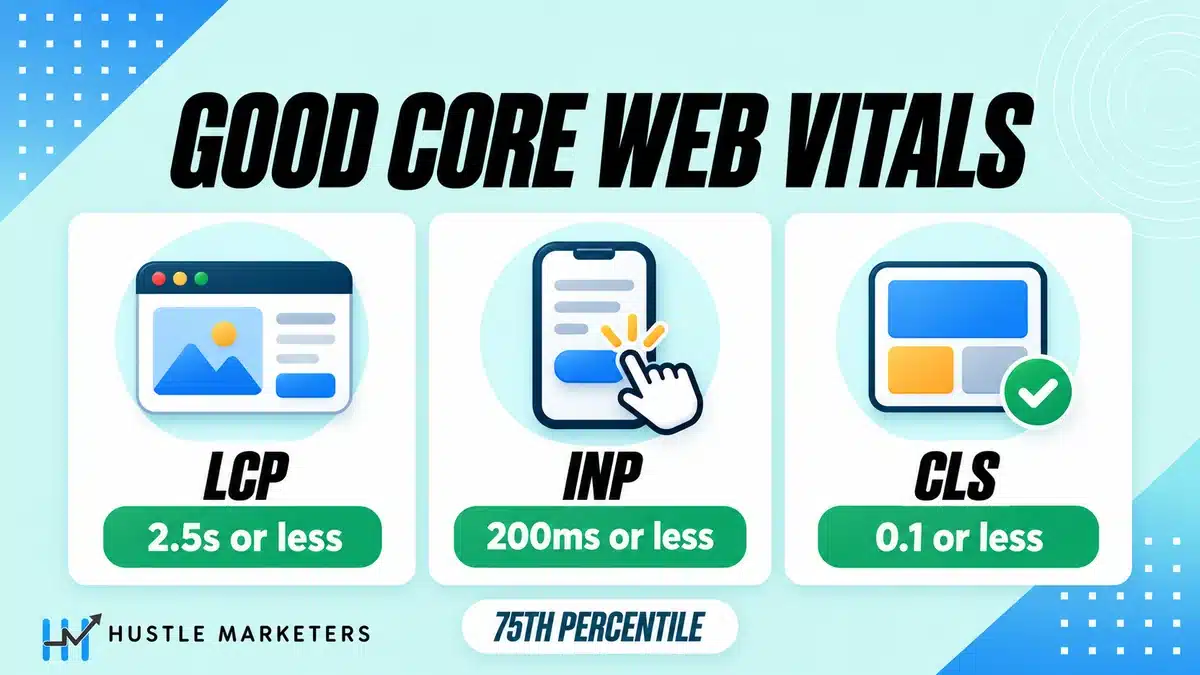 Good Core Web Vitals thresholds at the 75th percentile: LCP 2.5 seconds or less, INP 200 milliseconds or less, and CLS 0.1 or less.