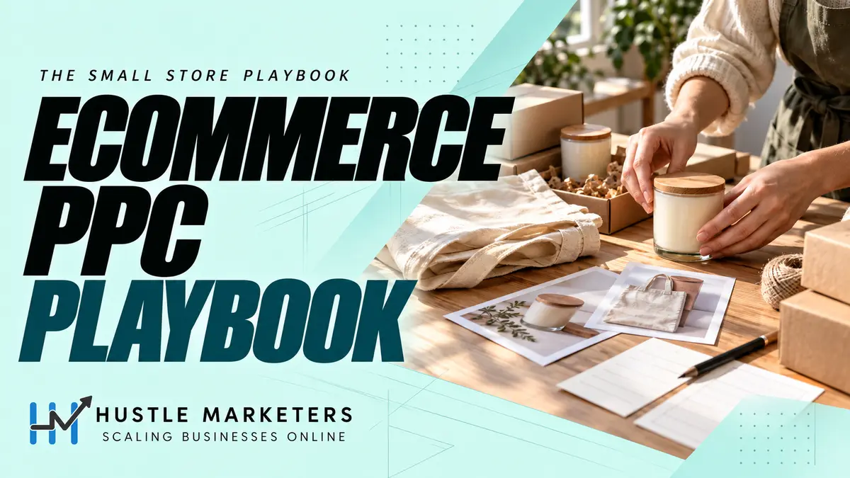 Hustle Marketers ecommerce PPC guide for small businesses with an anonymous product-planning and packing-table scene.