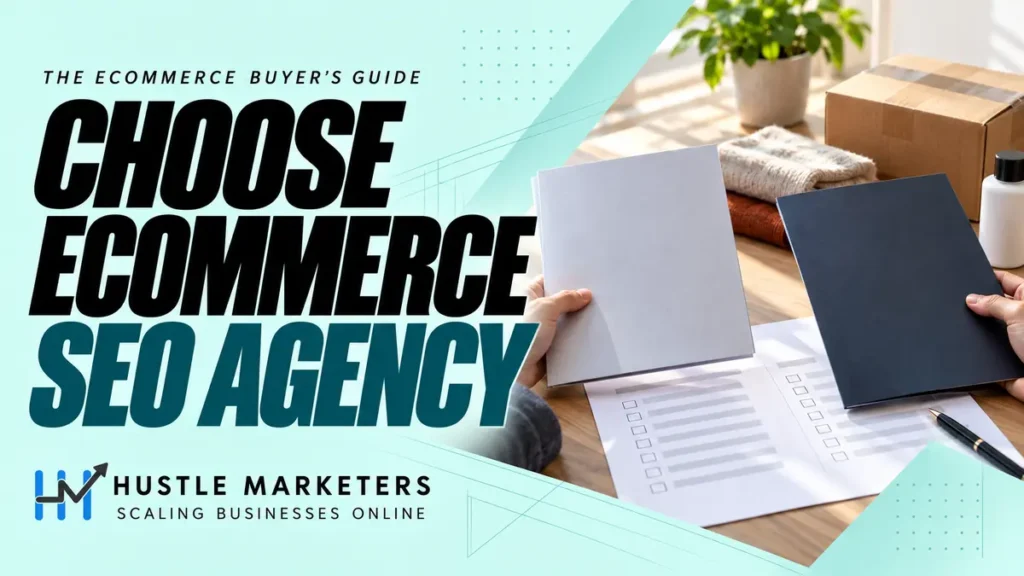 Hustle Marketers ecommerce SEO agency buyer's guide with anonymous hands comparing blank proposals, a selection scorecard, and unbranded store products.