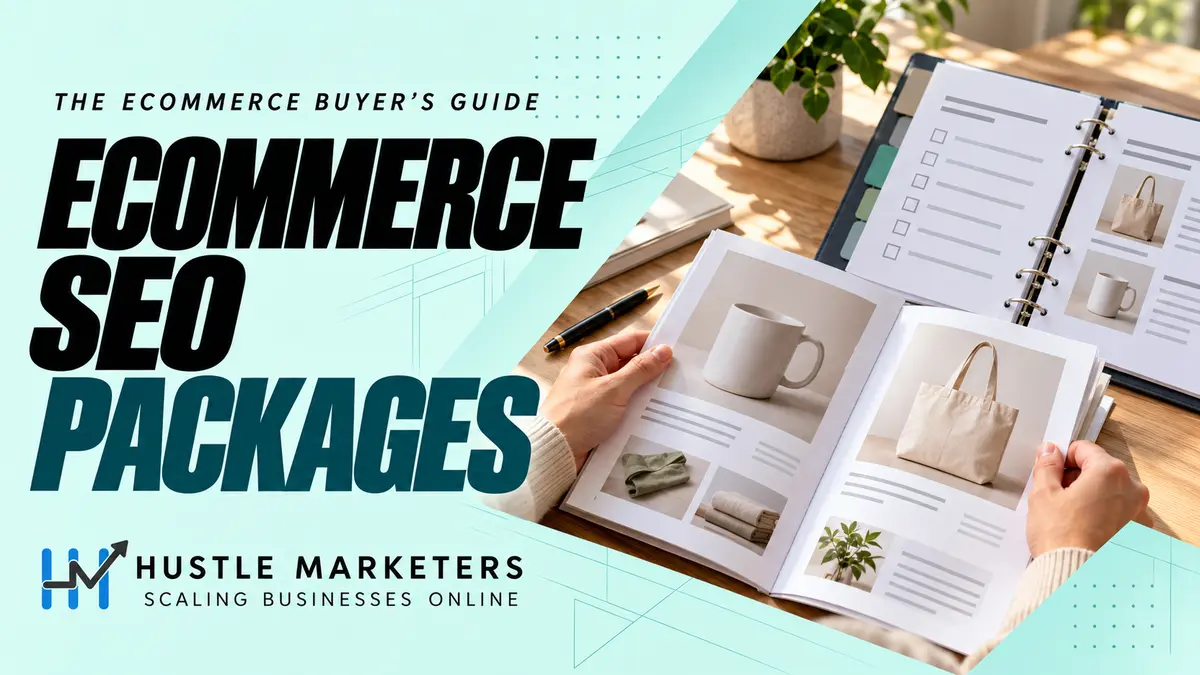 Hustle Marketers ecommerce SEO packages guide with anonymous hands reviewing a physical catalog and scope-planning binder.