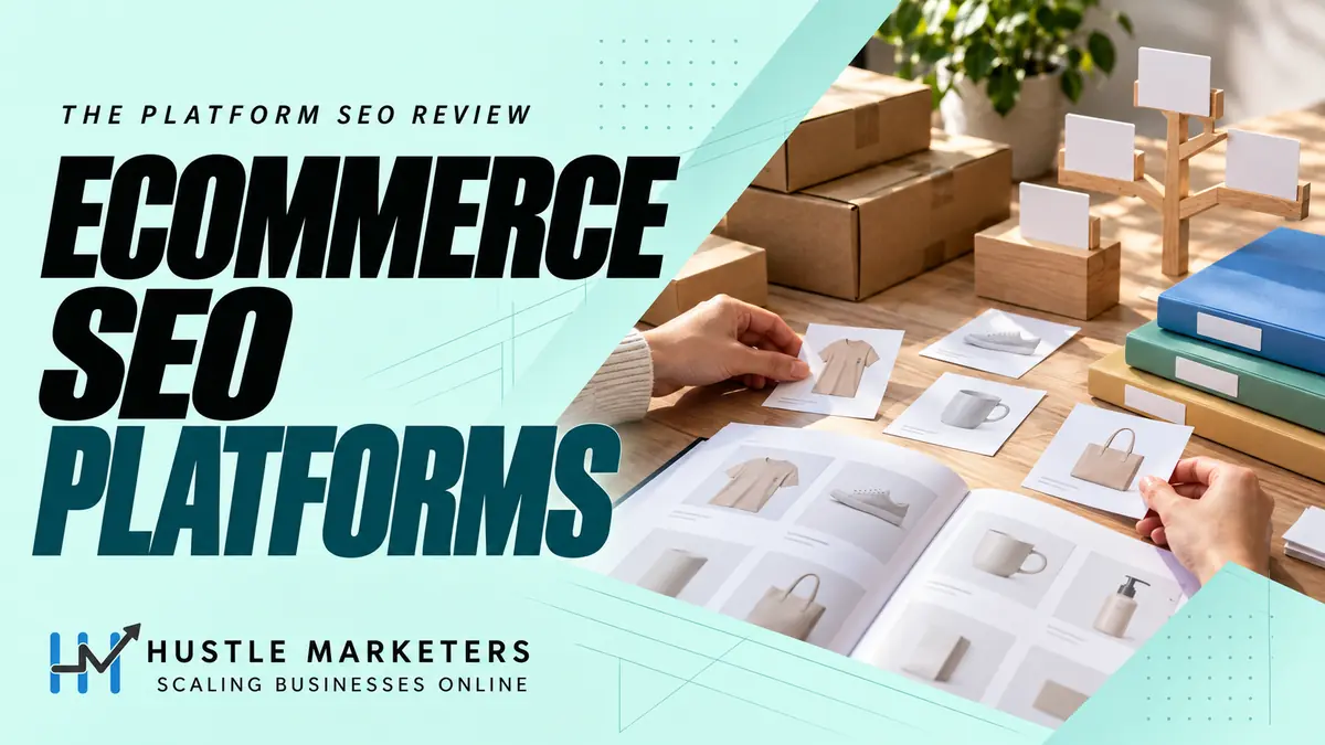Hustle Marketers ecommerce SEO platforms guide with physical product catalog and store architecture planning materials.