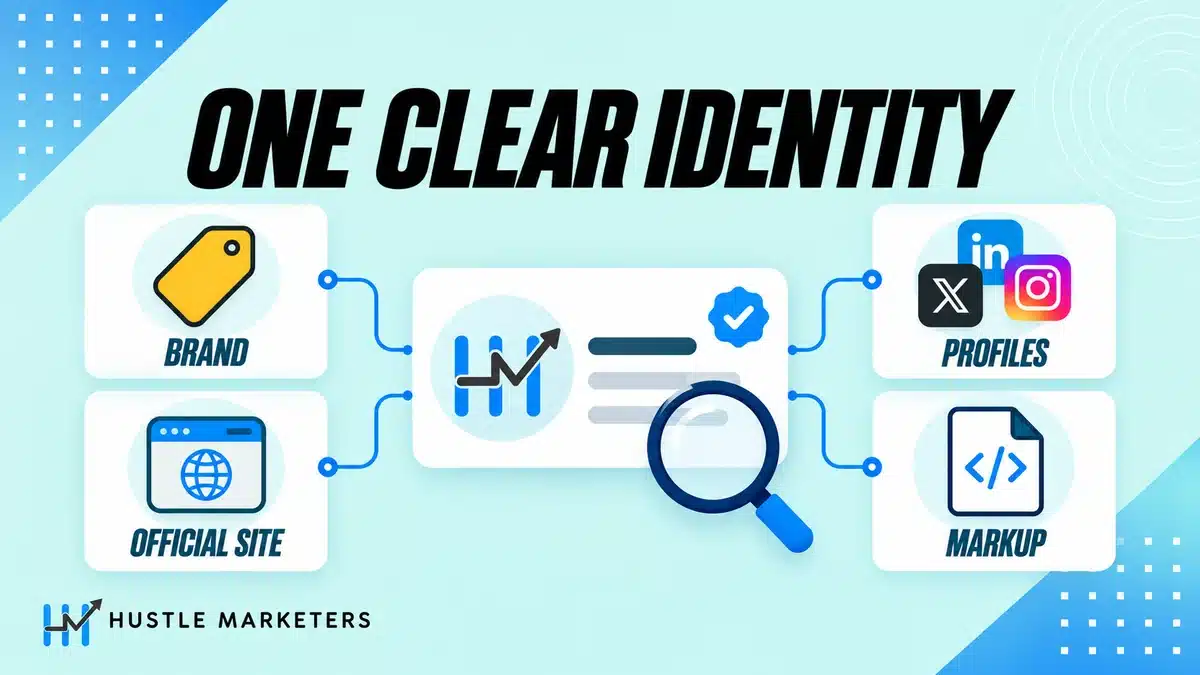 Entity SEO identity signals showing a consistent brand, official site, profiles and markup.