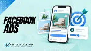 Facebook advertising illustration with a mobile ad, creative assets, targeting and budget controls.