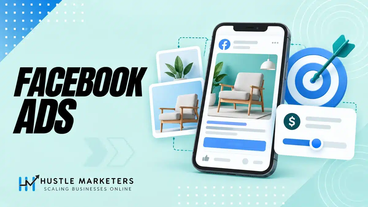 Facebook advertising illustration with a mobile ad, creative assets, targeting and budget controls.