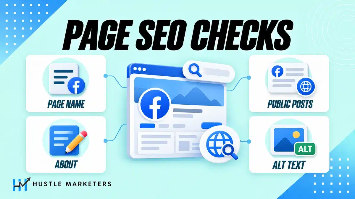 Facebook Page SEO checks for page name, About section, public posts and image alt text.