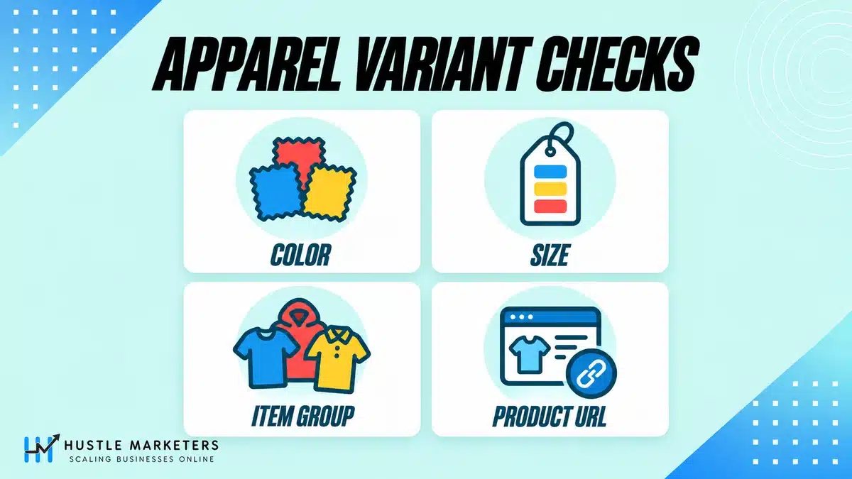 Fashion SEO variant checks for color, size, item grouping and product URLs.
