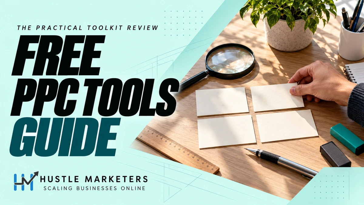 Hustle Marketers free PPC tools guide with an anonymous physical marketing toolkit review scene.