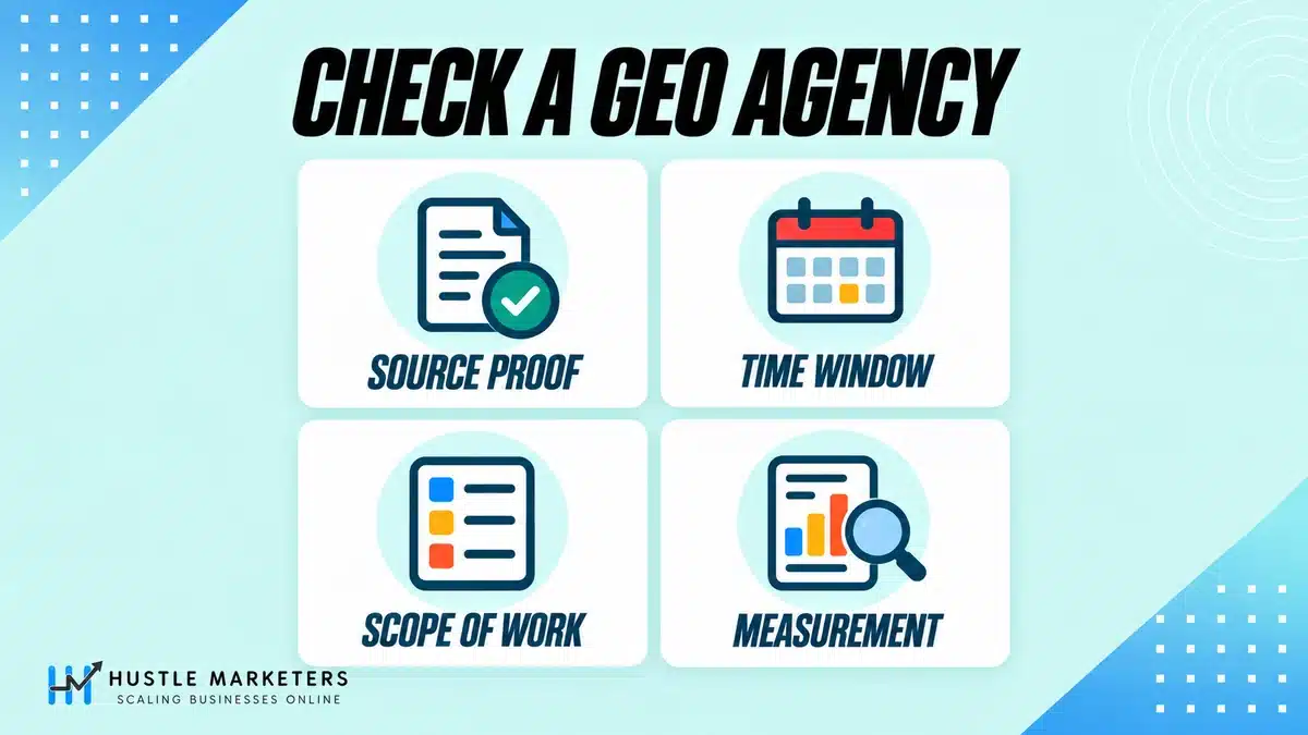 GEO agency evaluation checks for source proof, measurement window, work scope and reporting.