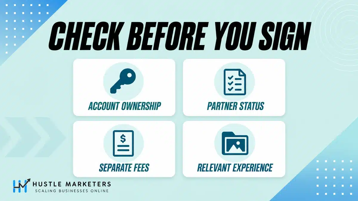 Four Google Ads agency checks: account ownership, verified Partner status, separate fees and relevant experience.