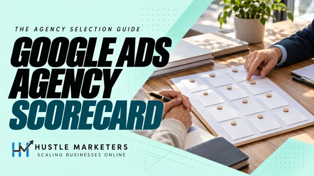 Hustle Marketers Google Ads agency guide with anonymous professionals reviewing a physical agency-selection scorecard.