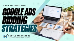 Google Ads bidding strategies cover with an illustrative settings mockup, goal, data and target cards and anonymous hands writing a change log.