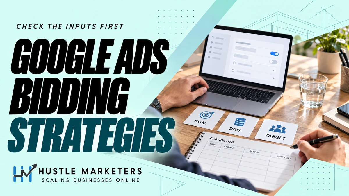 Google Ads bidding strategies cover with an illustrative settings mockup, goal, data and target cards and anonymous hands writing a change log.
