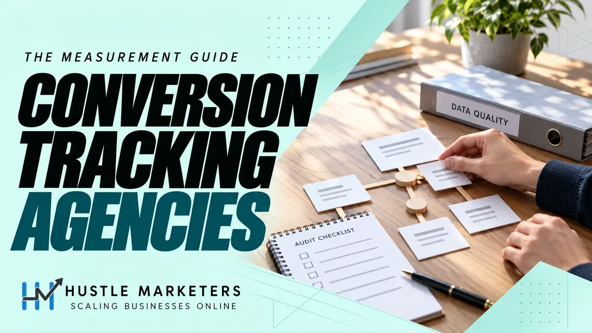 Hustle Marketers conversion tracking agency guide with anonymous hands arranging a physical measurement-review model.