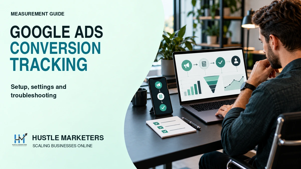 Performance marketer reviewing a Google Ads conversion tracking workflow for setup and troubleshooting