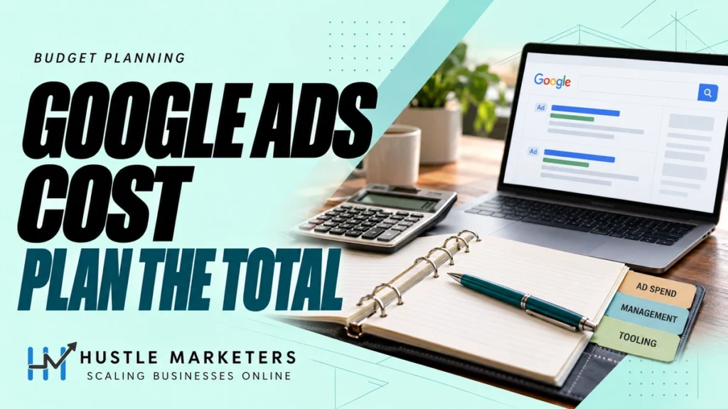 Google Ads Cost cover showing a calculator, planning binder and illustrative search-ad laptop beside ad spend, management and tooling tabs.