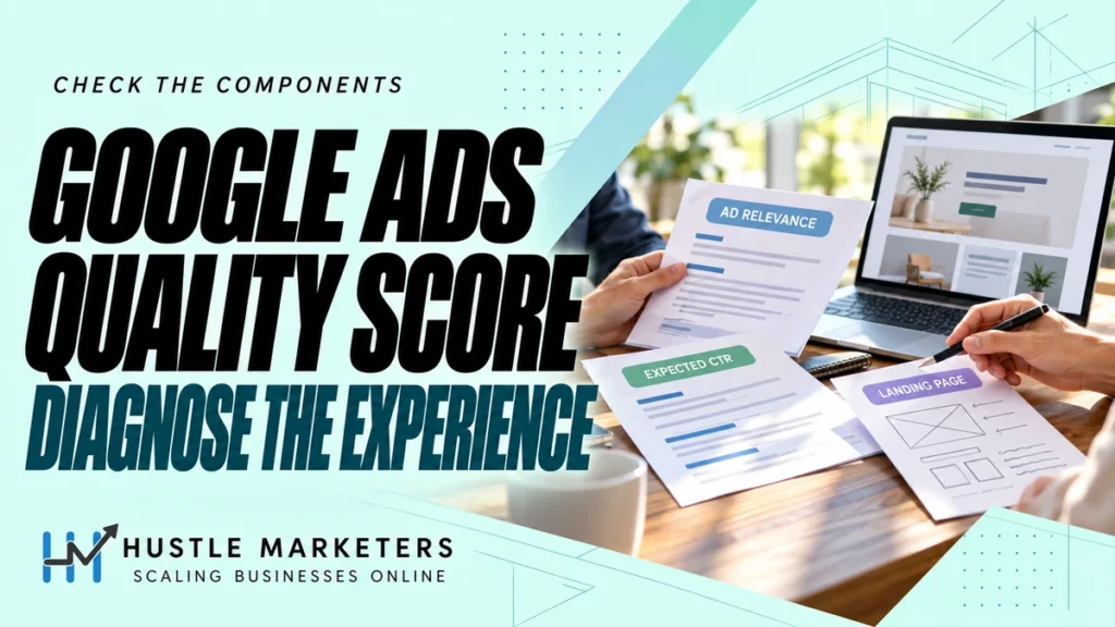 Google Ads Quality Score cover with anonymous hands reviewing expected CTR, ad relevance and landing-page documents beside an illustrative website mockup.