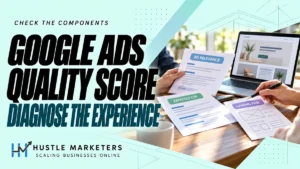 Google Ads Quality Score cover with anonymous hands reviewing expected CTR, ad relevance and landing-page documents beside an illustrative website mockup.
