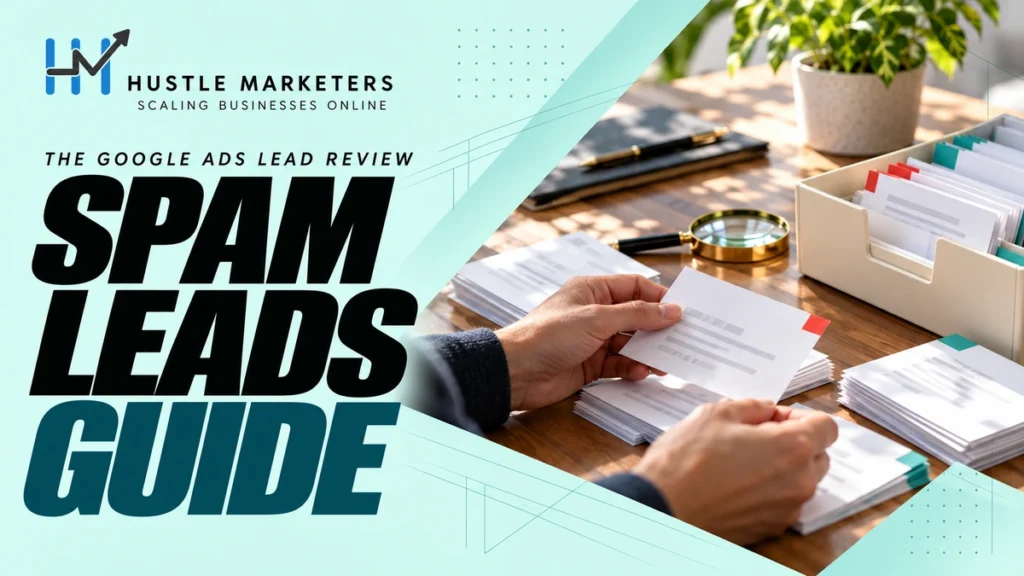 Hustle Marketers Google Ads spam leads guide with an anonymous paper lead-quality review scene.