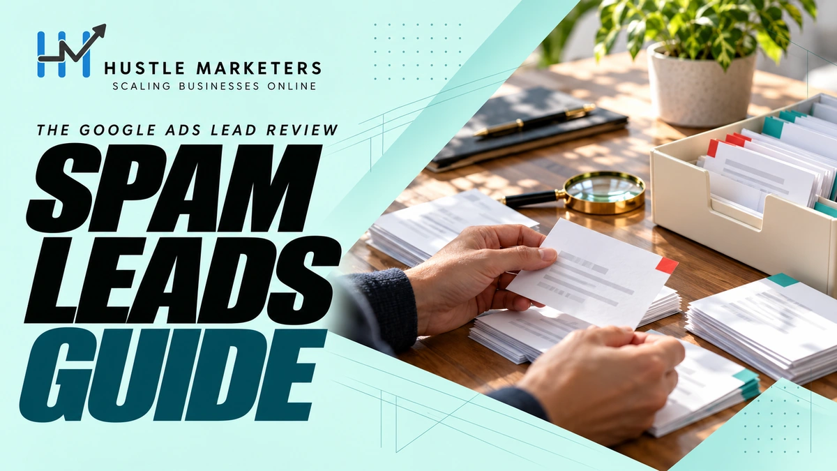 Hustle Marketers Google Ads spam leads guide with an anonymous paper lead-quality review scene.