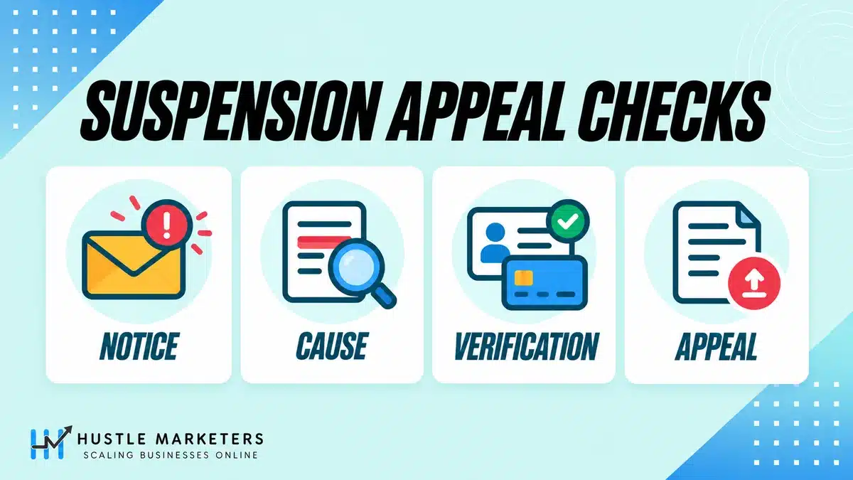 Google Ads suspension appeal checks covering notice, cause, verification and appeal.