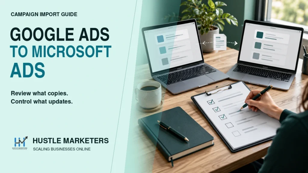Two laptops and a review checklist illustrating Google Ads to Microsoft Ads campaign import planning