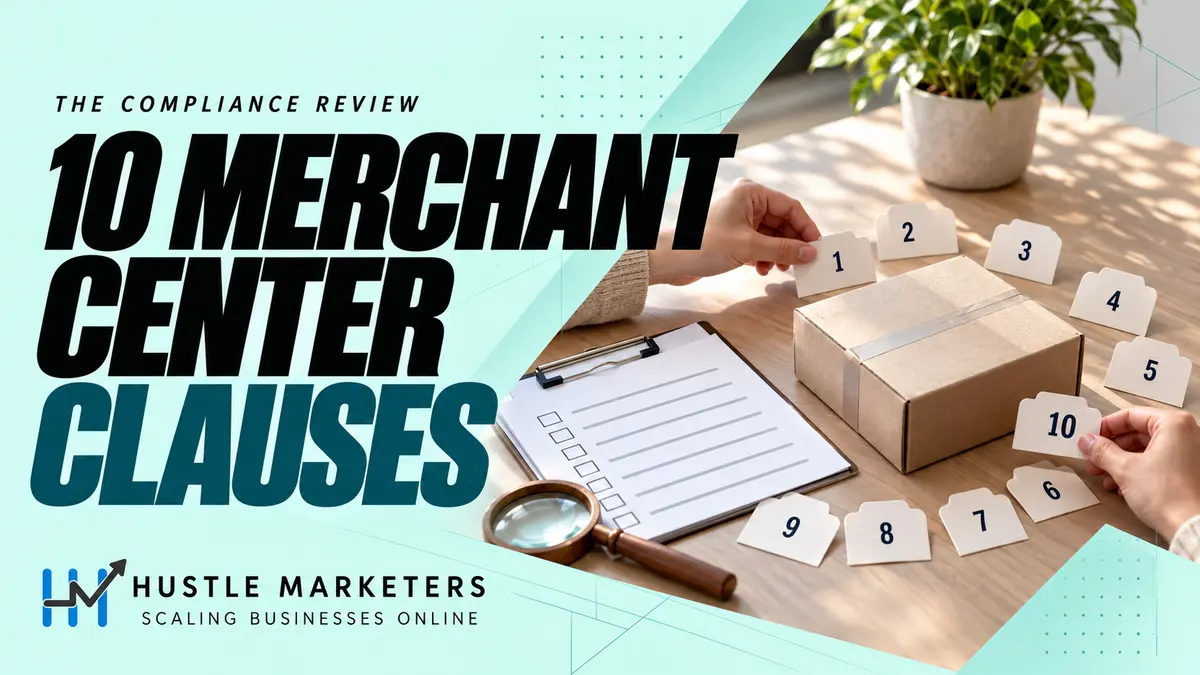 Hustle Marketers guide to ten Google Merchant Center clauses with an anonymous physical compliance review scene.