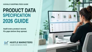 Ecommerce product data specialist auditing a Google Shopping feed on a desktop monitor