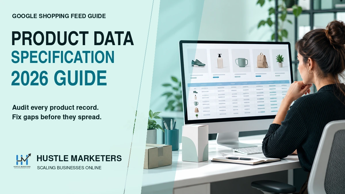 Ecommerce product data specialist auditing a Google Shopping feed on a desktop monitor