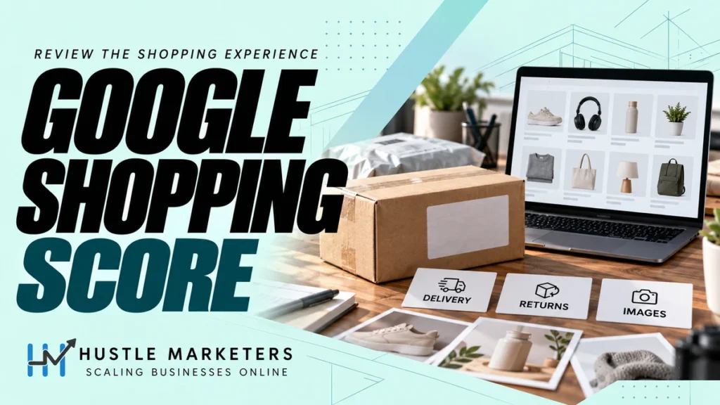 Google Shopping Score cover with an unbranded parcel, illustrative store laptop, product photos and delivery, returns and images cards.