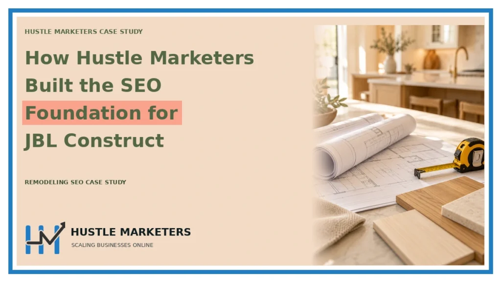 JBL Construct remodeling SEO case study cover highlighting SEO foundations, with an illustrative planning desk, architectural drawings and original Hustle Marketers branding.