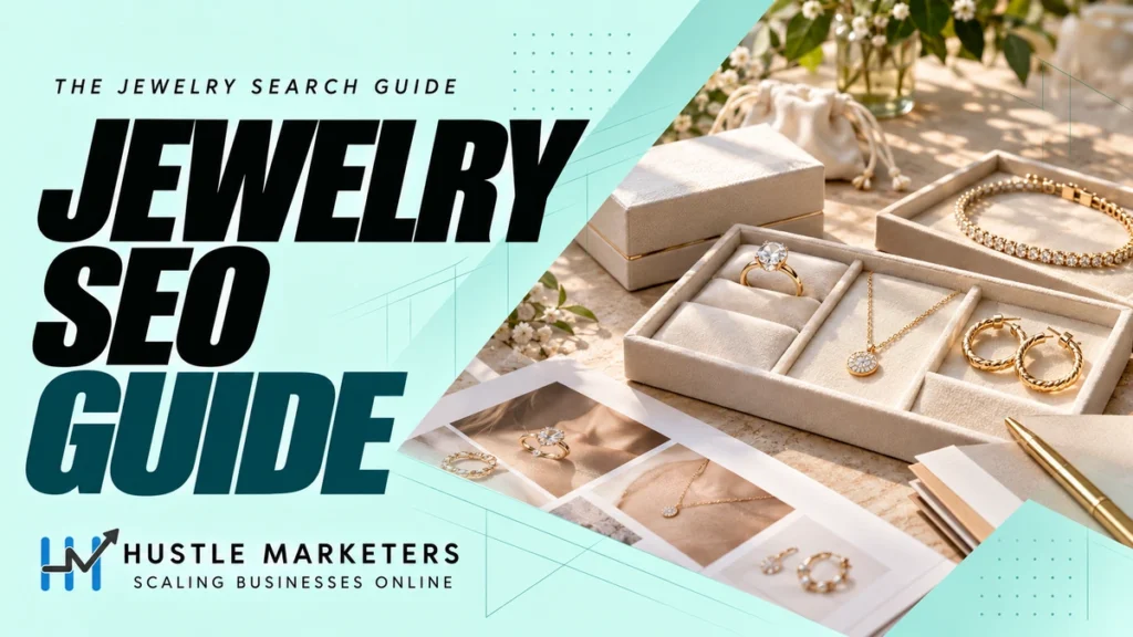 Jewelry SEO guide with rings, a necklace, earrings and product catalog planning on display trays