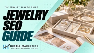 Jewelry SEO guide with rings, a necklace, earrings and product catalog planning on display trays