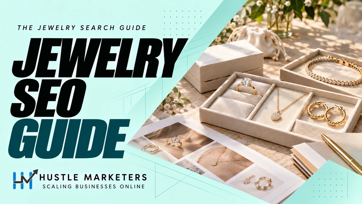Jewelry SEO guide with rings, a necklace, earrings and product catalog planning on display trays