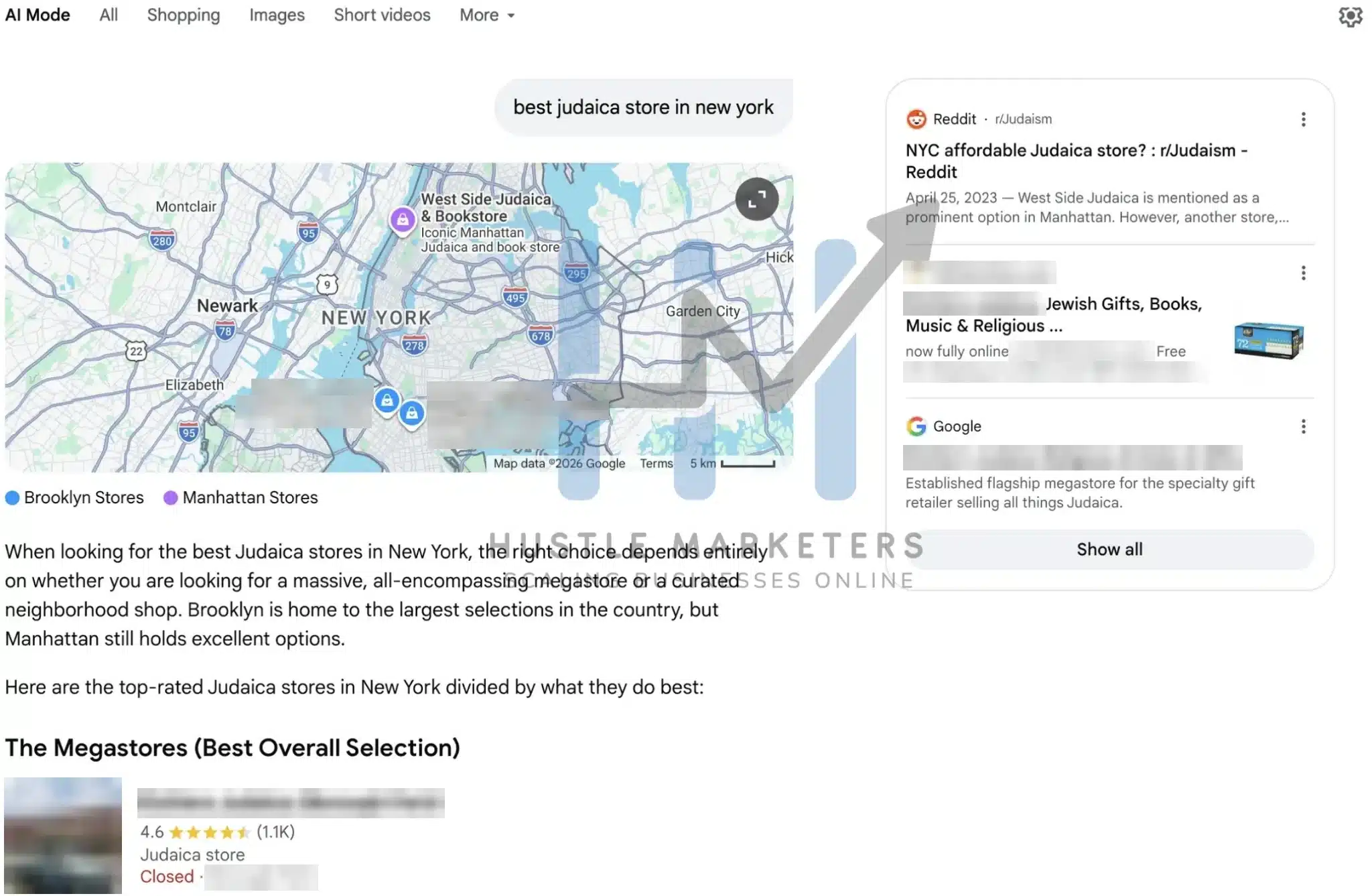 Google AI Mode answer for best judaica store in new york listing the client store first under Megastores, with store name, location and domain blurred
