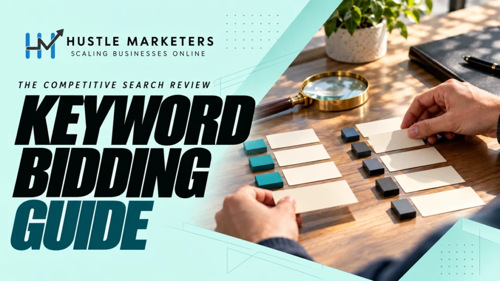 Hustle Marketers keyword bidding guide with an anonymous physical competitive search auction review scene.