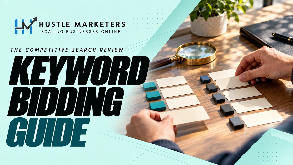 Hustle Marketers keyword bidding guide with an anonymous physical competitive search auction review scene.