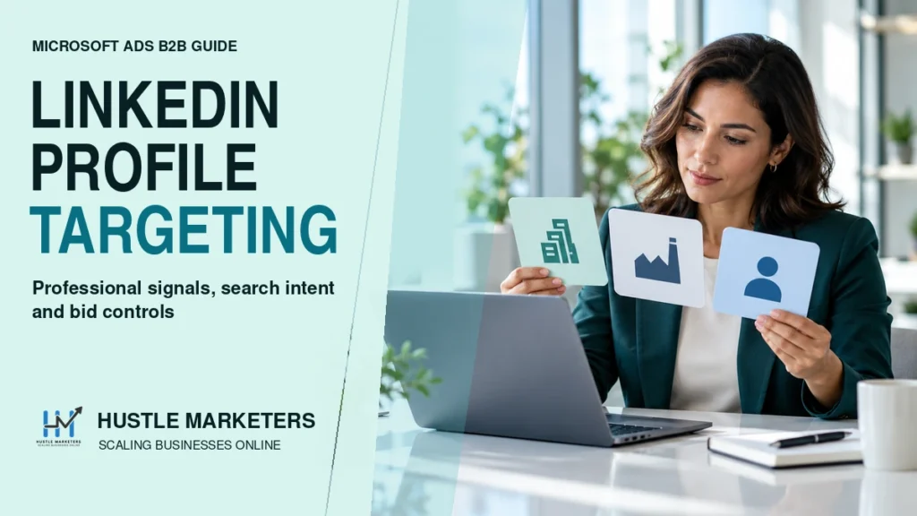 LinkedIn profile targeting in Microsoft Ads cover with a B2B strategist reviewing company, industry and job-function cards.