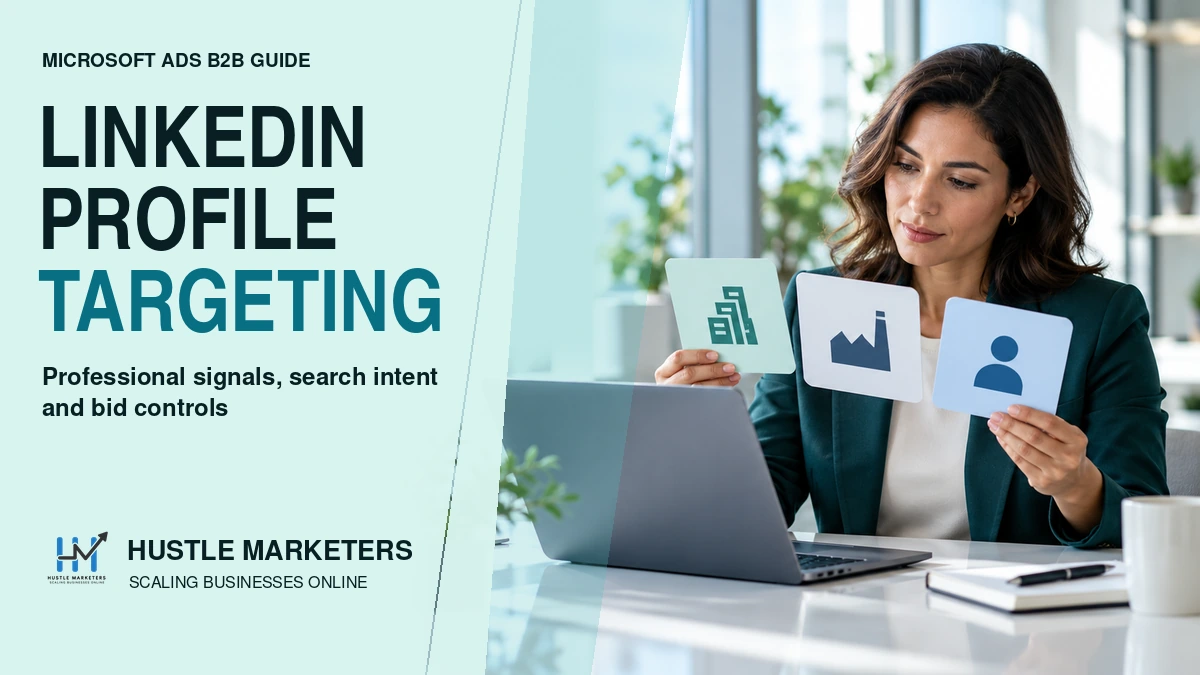 LinkedIn profile targeting in Microsoft Ads cover with a B2B strategist reviewing company, industry and job-function cards.