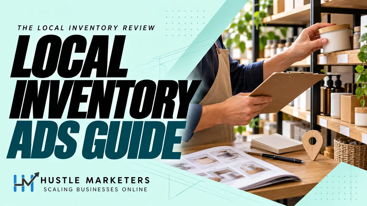 Hustle Marketers local inventory ads guide with an anonymous store inventory and product-feed planning scene.