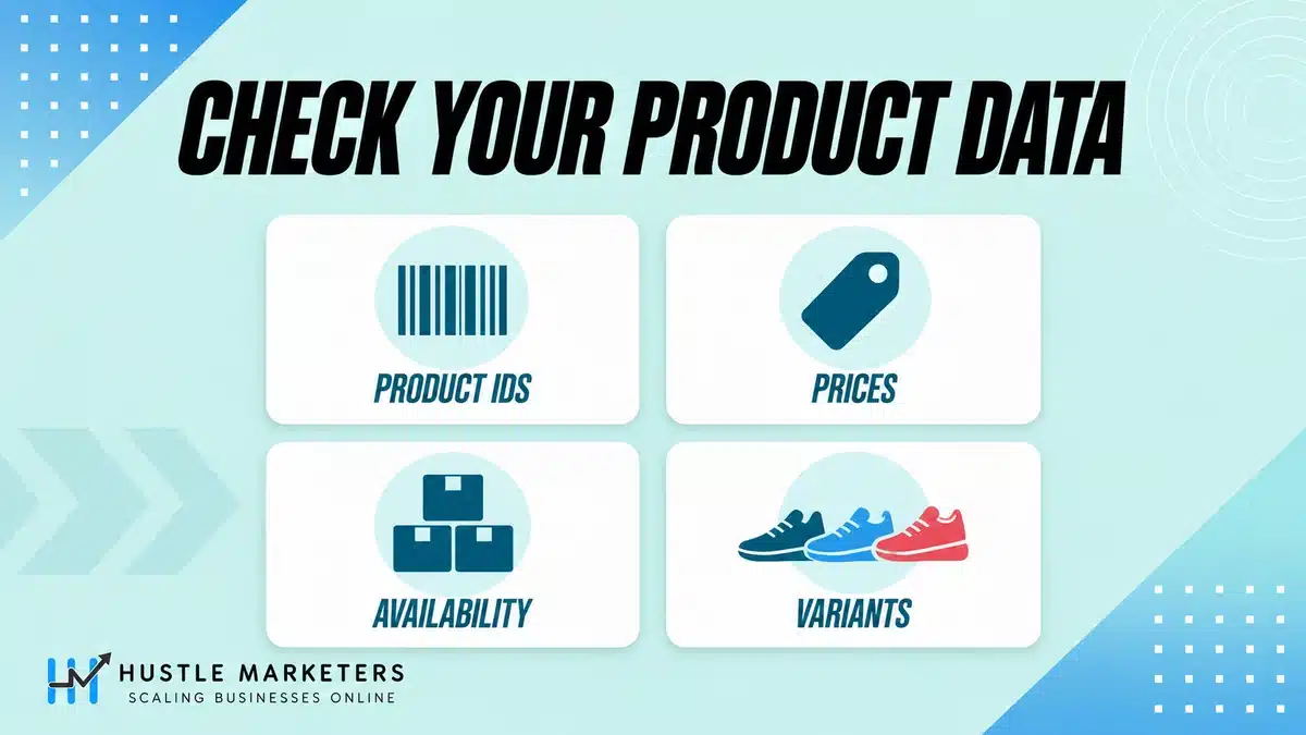 Magento feed data checks for product IDs, prices, availability and variants.
